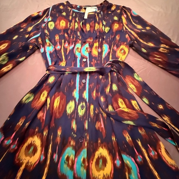 Aqua Purple and Yellow Long Sleeve Shirt Dress w/ Tie Waist Small - Picture 3 of 10